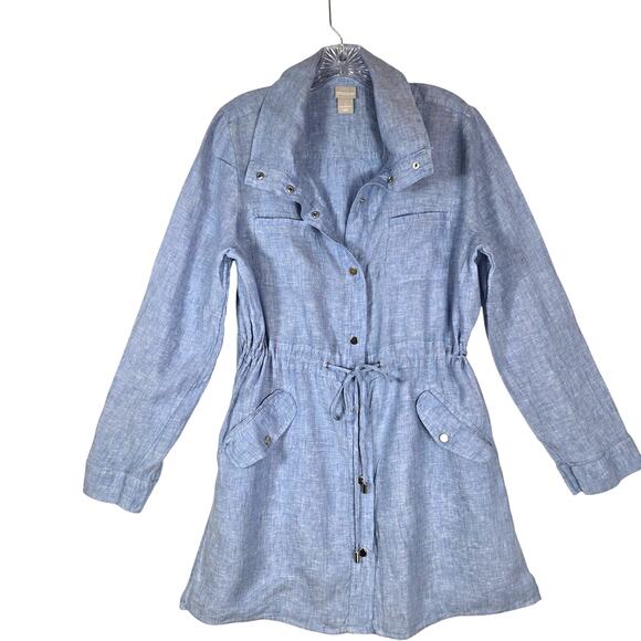 Chico's Tops - Chicos Chambray Linen Tunic Dress Drawstring Cover up Blue Mini Dress  #915